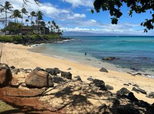 a beach with a person swimming in the ocean at Modern Kahana getaway in Kahana
