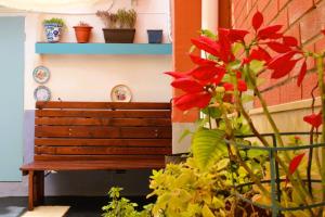 a wooden bench in a room with flowers and plants at Casa Juana Michibert in Daimiel