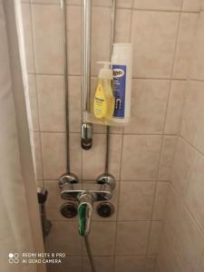 a shower stall with shampoo and cleaning products on the wall at New home in the citycenter. in Rovaniemi