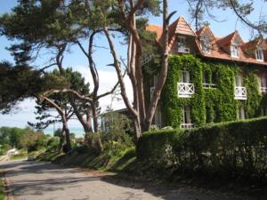 a house covered in green ivy next to a street at Hôtel De La Terrasse in Varengeville-sur-Mer