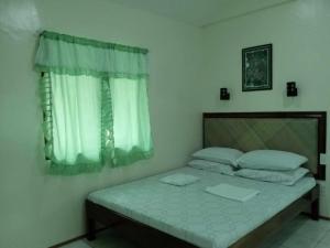a bedroom with a bed with green curtains and a window at Camguin Lanzones Resort in Balbagon