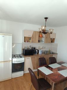 uma cozinha com uma mesa, um fogão e um frigorífico em Casa Tonyza em Cisnădie