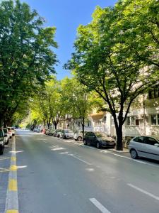 a street with cars parked on the side of the road at Luxury City Center Apartment in Skopje