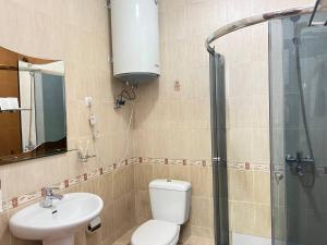 W łazience znajduje się toaleta, umywalka i prysznic. w obiekcie Sultan w mieście Biszkek