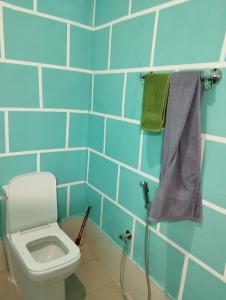 a bathroom with a toilet and a blue tiled wall at Himalayan Heights Bara Devi in Nainital