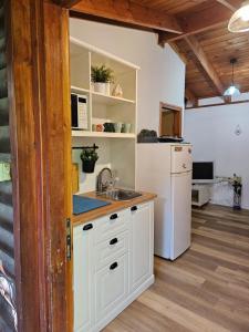 a kitchen with a sink and a refrigerator at Zimmer In The Garden in Karmiel