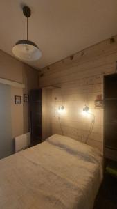 een slaapkamer met een bed met verlichting aan de muur bij Villa de la dore in Le Mont-Dore