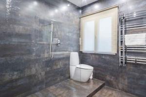 a bathroom with a toilet and a glass shower at Modern flat in the city center - Madrid SEG in Madrid
