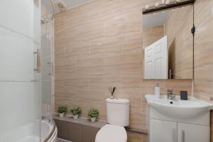 a bathroom with a toilet and a sink and a mirror at Old Street Apartments By Morethanstays in London