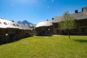 eine Gruppe von Gebäuden mit einem Baum im Gras in der Unterkunft Villa Nuria in Tramacastilla de Tena