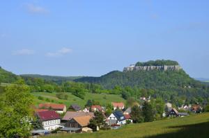 a town on a hill with a castle on top at Ferieneinrichtungen-Haus-am-Stein in Königstein an der Elbe +17 photos