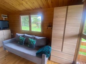 a living room with a couch in a cabin at Domek letniskowy Radomice in Wleń