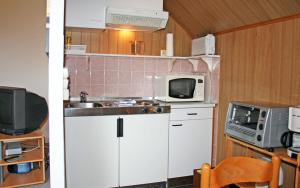 eine kleine Küche mit Spüle und Mikrowelle in der Unterkunft Ferienhof Serck - Kleine Wohnung in Fehmarn