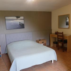 1 dormitorio con cama, escritorio y silla en Le Bosquet, en Aiguines