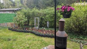 a garden with a pot of flowers and plants at Haus zum Kiessee 