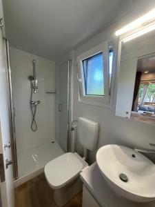 ein Bad mit einem Waschbecken, einem WC und einer Dusche in der Unterkunft Mobile Home - Sea La Vie in Biograd na Moru