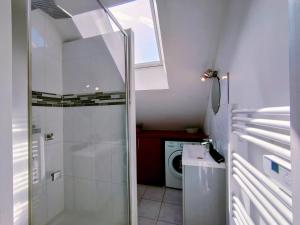 een badkamer met een douche en een wasmachine bij Home - Sous les toits de Paris - Séjour à Auxerre in Auxerre