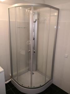 a shower with a glass door in a bathroom at Möblierte Wohnung Nähe BASF Ludwigshafen/Mannheim mit Privatparkplatz in Ludwigshafen am Rhein
