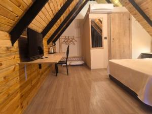 1 dormitorio con 1 cama y escritorio con TV en Motto Wood Otel, en Hatay