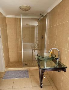 a bathroom with a shower and a glass sink at Grobler's Haven in Pretoria