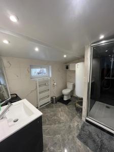 a bathroom with a sink and a shower and a toilet at Logement entier limay in Limay