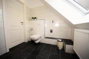 a white bathroom with a toilet in a attic at K 102 OG - stilvolle Ferienwohnung an der Müritz in Röbel an der Müritz in Marienfelde