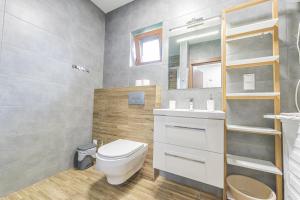 a bathroom with a toilet and a sink at Lider House Energy in Smolice