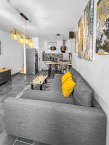 uma sala de estar com um sofá cinzento e uma cozinha em Pause Lilloise em Lille