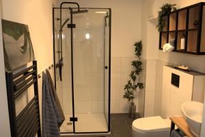 ein Badezimmer mit Dusche und Toilette in der Unterkunft Eröffnungsangebot Übernachten in einem umgebauten Bunker in Bremen + 23 Fotos