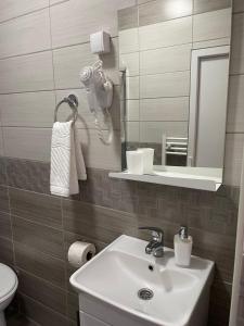 a bathroom with a sink and a mirror and a toilet at Sobe Sara in Šabac