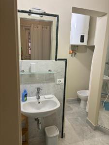 La salle de bains est pourvue d'un lavabo, de toilettes et d'un miroir. dans l'établissement Appartamento Albert, à Livourne