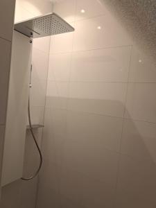een badkamer met een douche en een witte muur bij Natuurhuisje Meppen in Meppen