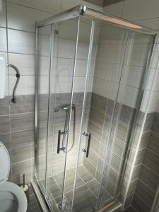 een douchecabine in een badkamer met een toilet bij Sobe Sara in Šabac