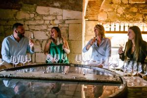 een groep mensen die rond een tafel met wijnglazen zitten bij Relais Forte Benedek Wine & SPA - Adults Only in Pastrengo