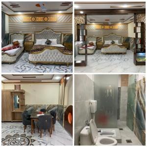 four pictures of a hotel room with beds and a bathroom at Al Wasay Hotel in Rawalpindi
