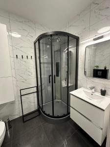 a bathroom with a shower and a sink at Warmia Loft Apartament nad Iławką in Iława