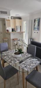 uma mesa de jantar com uma planta em cima em Appartement Cannes vue mer 4 pers avec piscines em Cannes