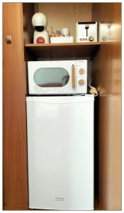 a microwave sitting on top of a white refrigerator at Magnífico Alojamiento en el centro in Valdepeñas