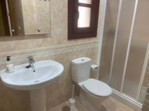 a bathroom with a white toilet and a sink at Apartamentos La Mina de Viñón. in Santa Eulalia