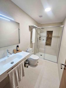 La salle de bains est pourvue d'un lavabo, de toilettes et d'une douche. dans l'établissement A Quinta de Cea - Apartamentos, à Cea