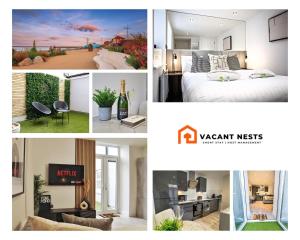 a collage of four pictures of a bedroom at Roker Sea Front Entire Modern One Bed Apartment in Sunderland