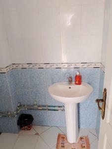 a bathroom with a white sink and blue tiles at Bella casa in Tataouine