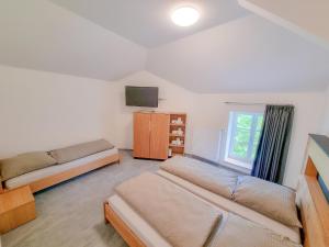 ein Wohnzimmer mit 2 Betten und einem TV in der Unterkunft Rackésmillen in Enscherange