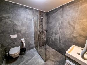 un bagno con doccia, WC e lavandino di Rackésmillen a Enscherange