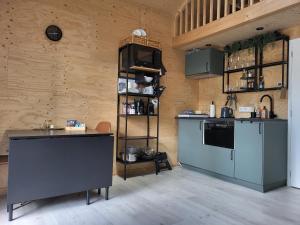 een keuken met blauwe apparatuur en een houten muur bij Het Huisje comfortabel, luxe & sfeervol nabij het strand in Biggekerke
