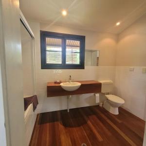 a bathroom with a sink and a toilet at Mission Beachfront Cottage in Mission Beach
