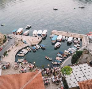 an aerial view of a harbor with boats in the water at Villa Dulcinea in Ulcinj