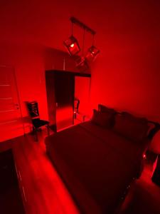 クラヨーヴァにあるApartament Promenadaの赤いベッドルーム(ベッド1台、椅子付)