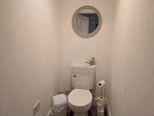La salle de bains blanche est pourvue de toilettes et d'un miroir. dans l'établissement Seaview House - Flat one, à Lowestoft
