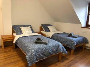 two beds in a room with blue comforter at Nicolsburg in Mikulov